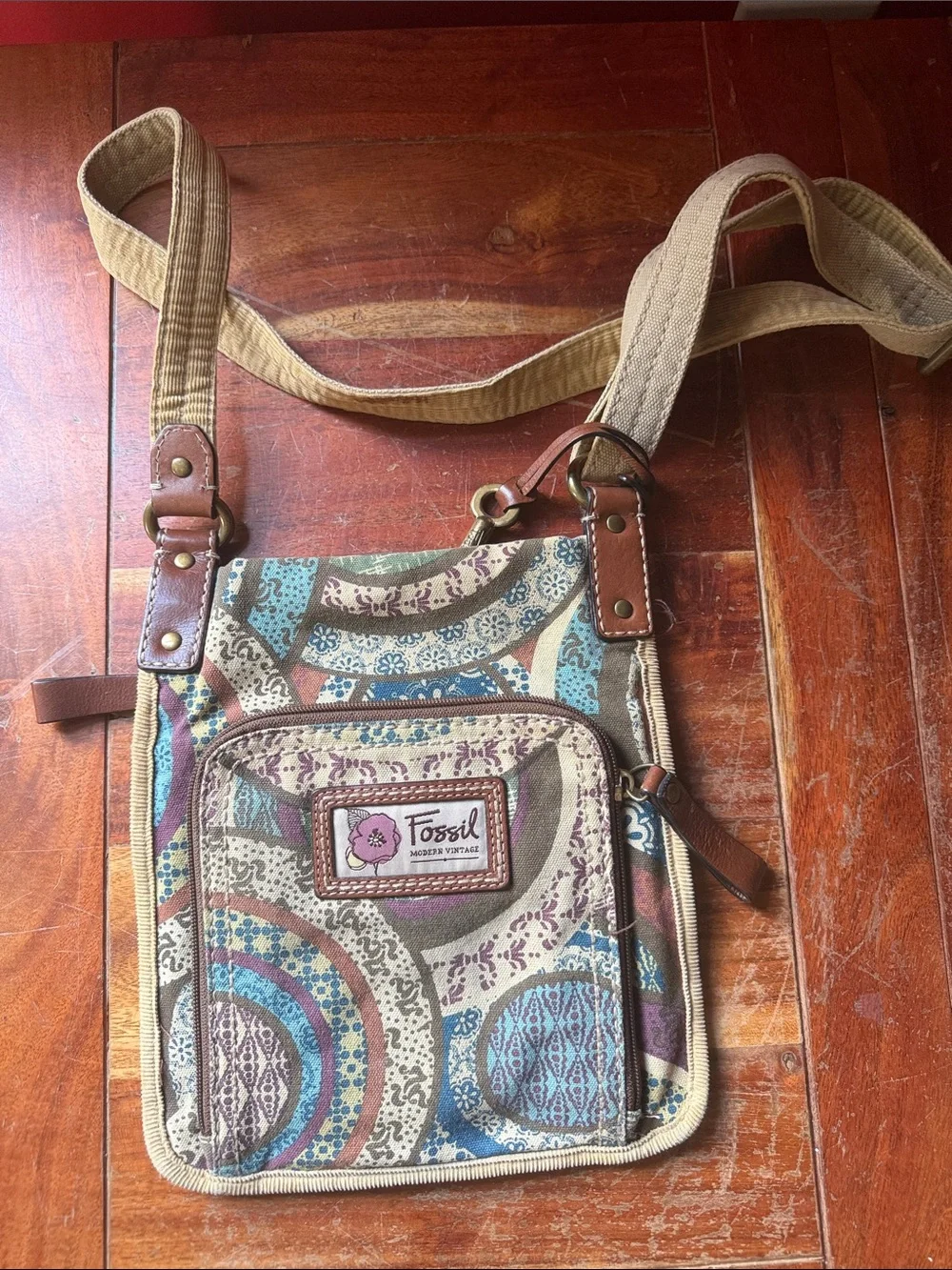 Fossil Multicolor Canvas Crossbody with Blue, Purple, Tan and Brown Accents